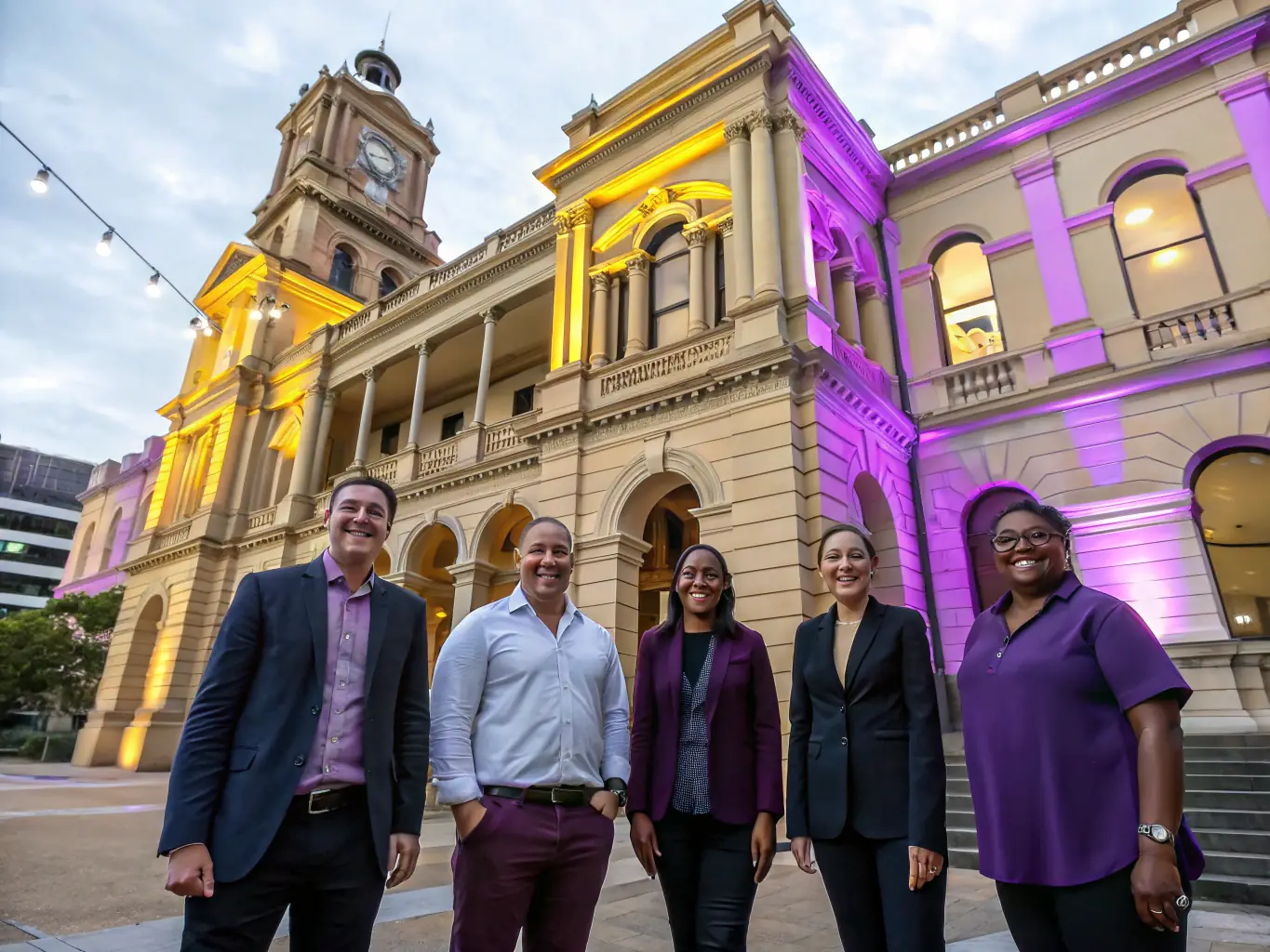 A group of diverse business owners standing together in front of the Brisbane Inner West Chamber of Commerce building, representing community and support.