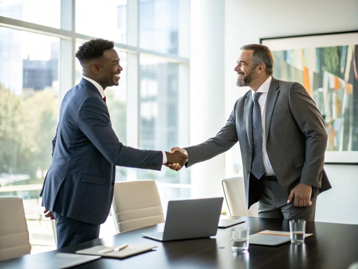A professional businessperson confidently shaking hands with another at a Chamber of Commerce networking event, symbolizing partnership and collaboration.