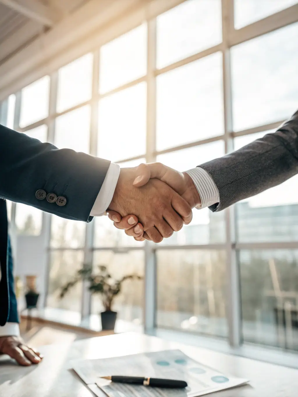 A professional headshot of a business owner confidently shaking hands with another person at a Brisbane Inner West Chamber of Commerce networking event.