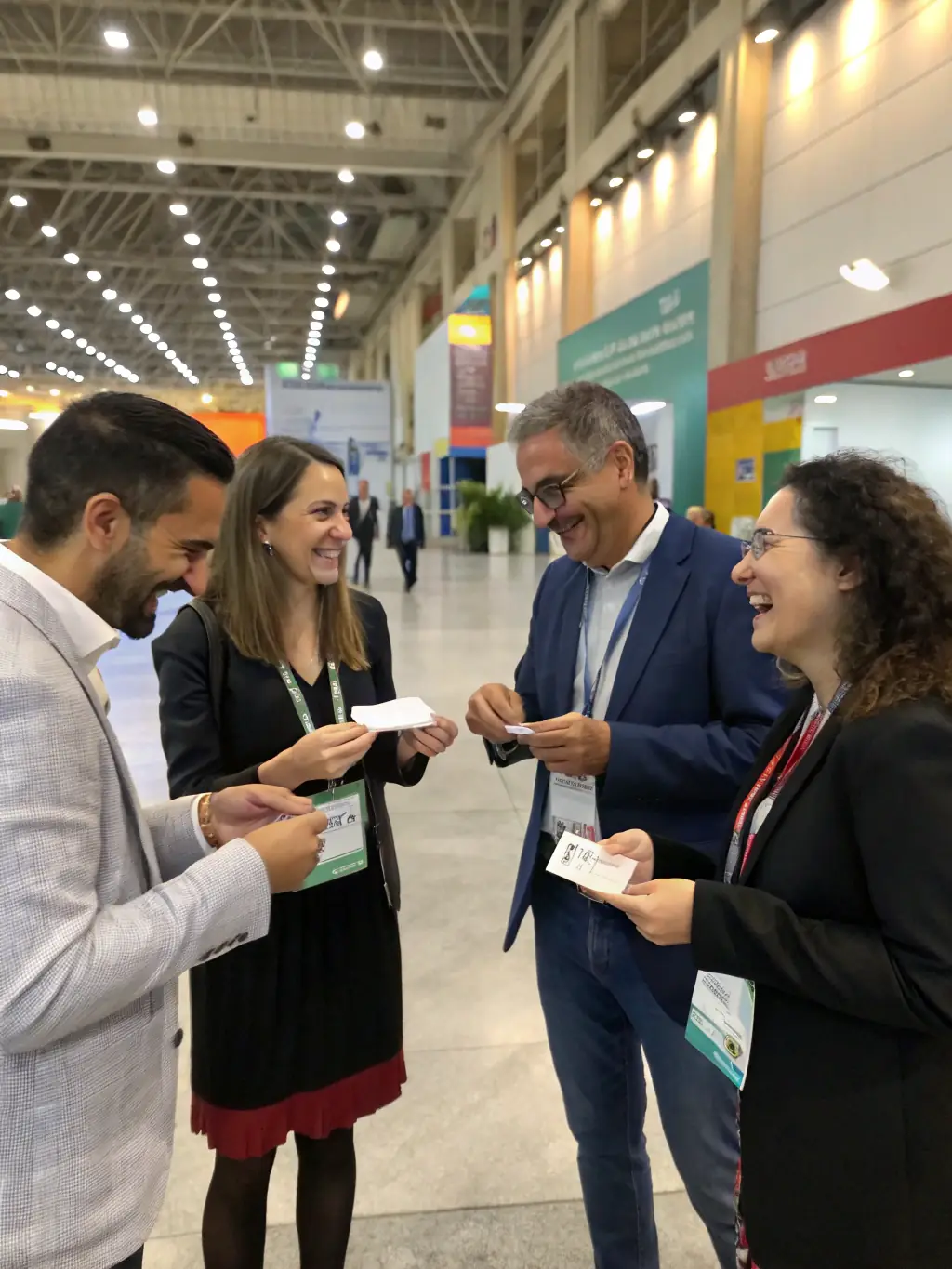 A group of diverse business professionals actively networking at a Brisbane Inner West Chamber of Commerce event, exchanging business cards and engaging in conversation.